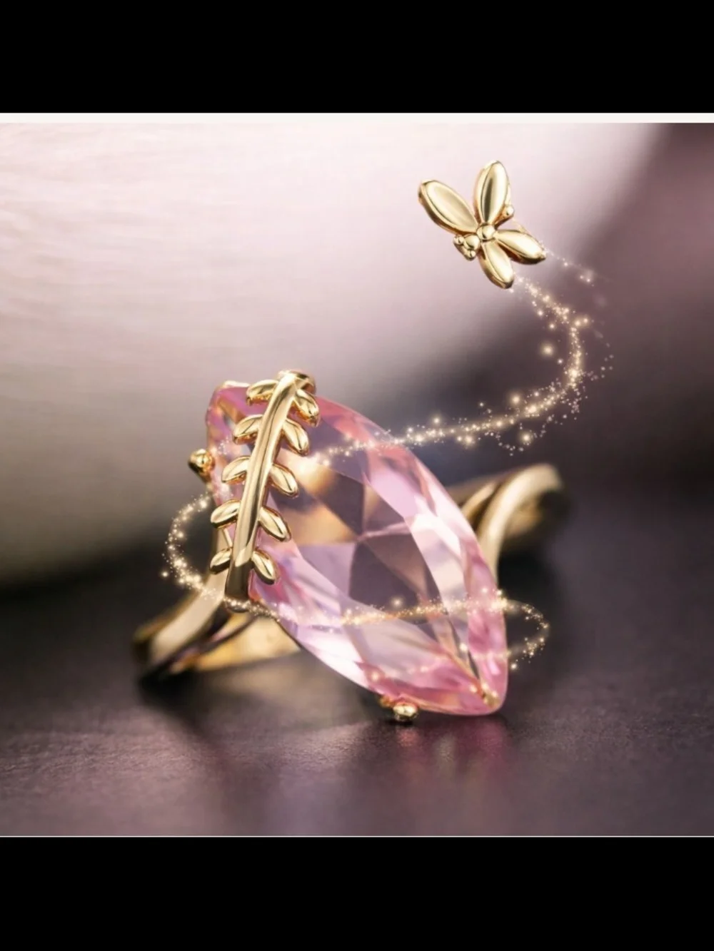 Gold Dragonfly Ring with Pink Marquise Crystal CHUNKY & Bold - Picture 9 of 9